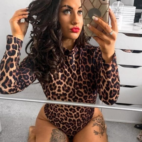 Leopard Print Animal Print Long Sleeve High Neck Bodycon Bodysuit Top Leotard - Picture 10 of 12